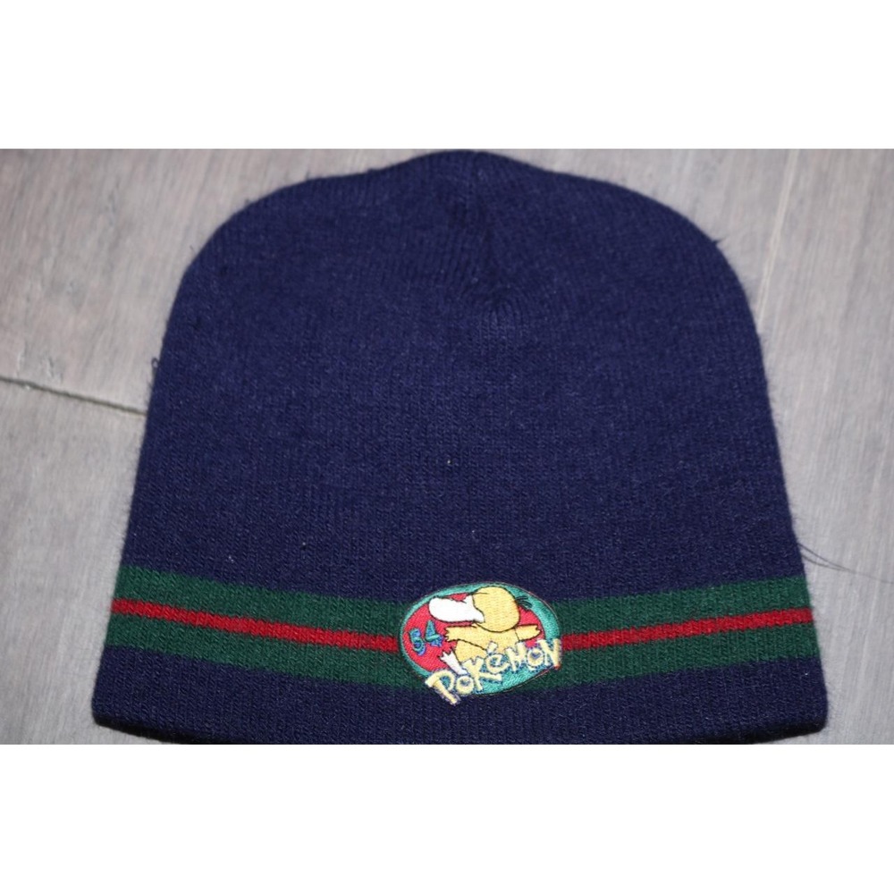 Vintage 2000 Pokemon Psyduck Kids Beanie Navy Blue Striped Knit Hat Nintendo